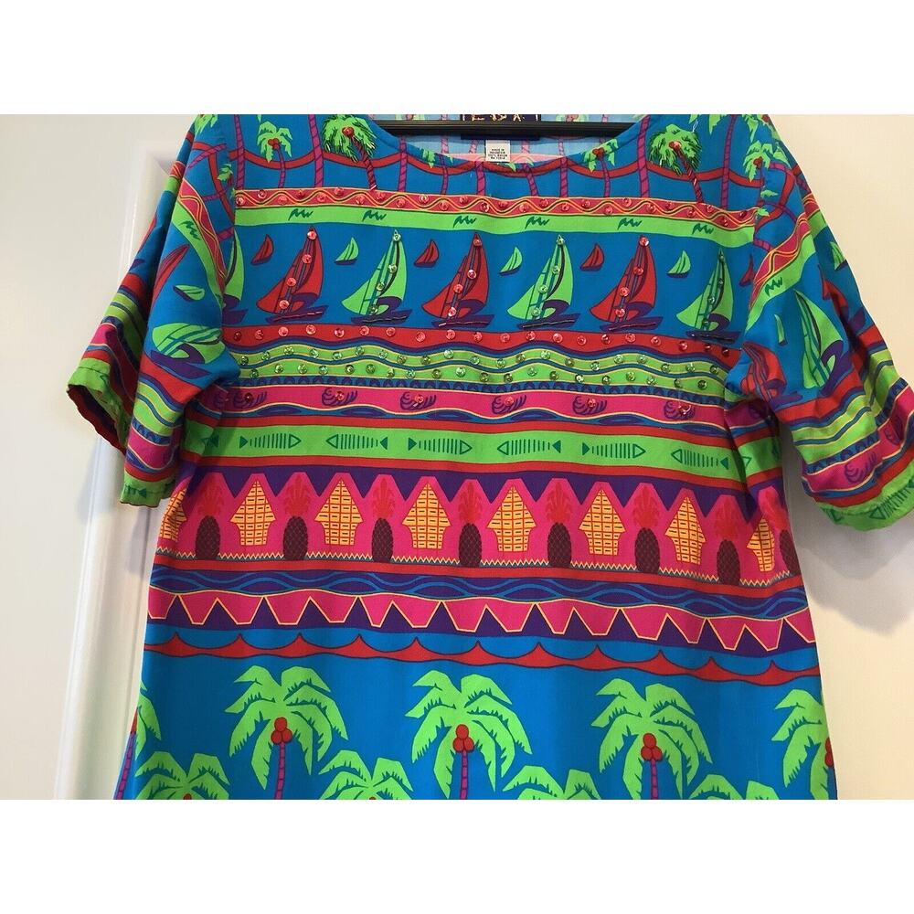 Spa Brand Dress Size Xl Tropical Print Beaded Palm Trees Sailboats Short Sleeves